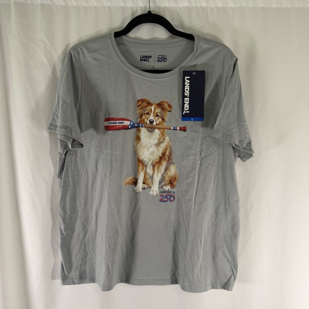 New Lands End America 250 T-Shirt Women's Large Grey Dog Graphic Print Short Slv
